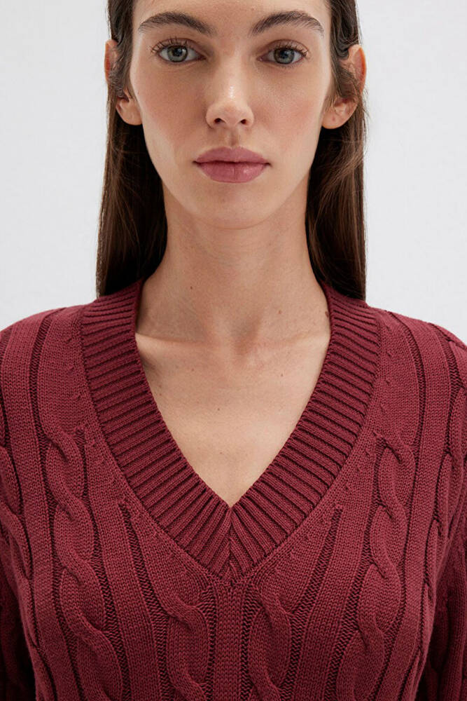 Kadın V Yaka Kazak 1710720-85493 Bordo 