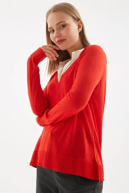 Kadın V Yaka Kazak 24K0145K1 Kırmızı (2)