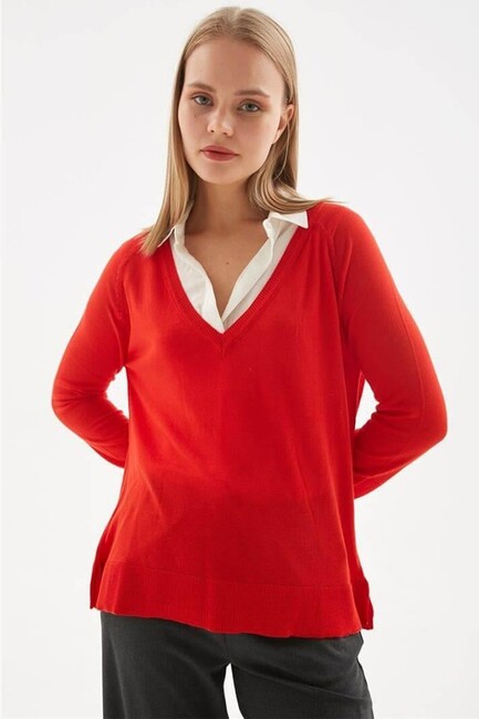 Kadın V Yaka Kazak 24K0145K1 Kırmızı (3)