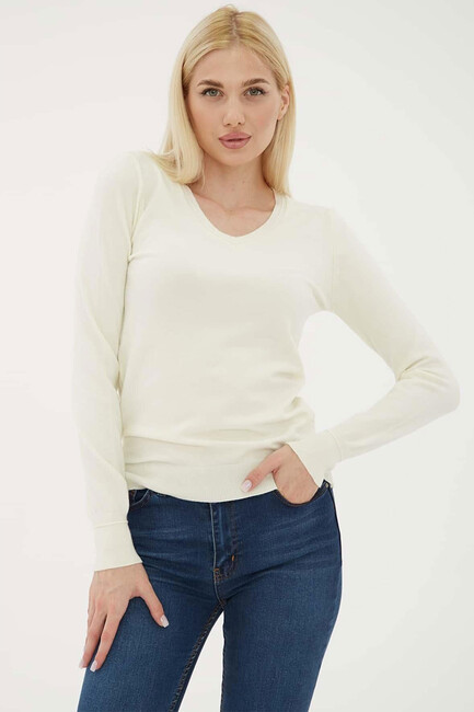 Kadın V Yaka Kazak 24K0778K1 Ekru (2)