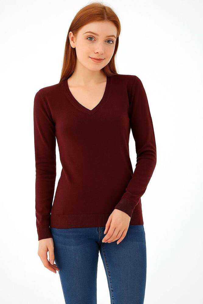 Kadın V Yaka Kazak 25K0778K1 Bordo 