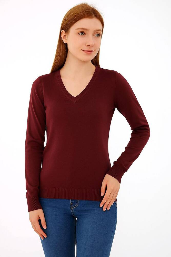 Kadın V Yaka Kazak 25K0778K1 Bordo 