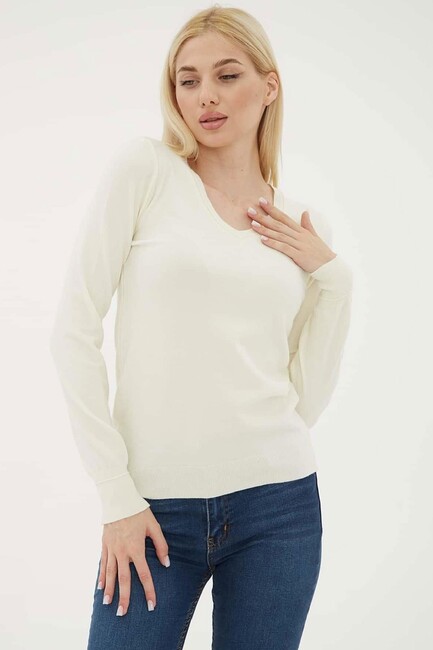 Kadın V Yaka Kazak 25K0778K1 Ekru - Thumbnail