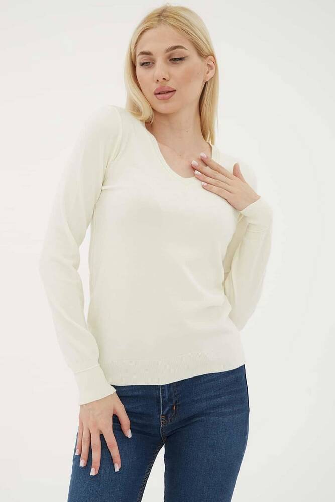 Kadın V Yaka Kazak 25K0778K1 Ekru 