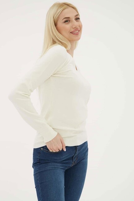 Kadın V Yaka Kazak 25K0778K1 Ekru - Thumbnail