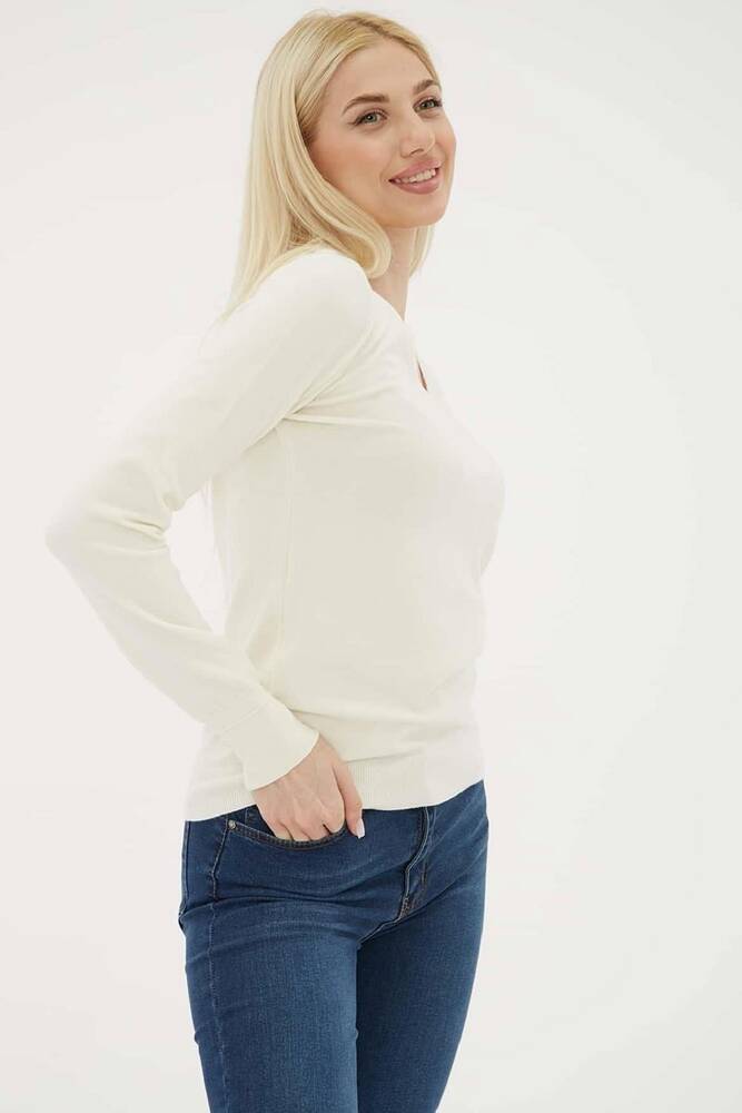 Kadın V Yaka Kazak 25K0778K1 Ekru 