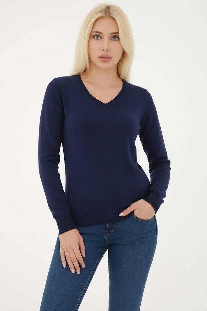 Kadın V Yaka Kazak 25K0778K1 Lacivert 