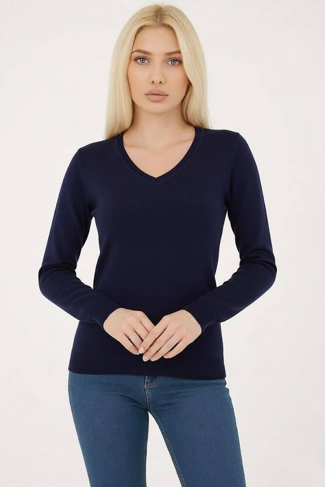 Kadın V Yaka Kazak 25K0778K1 Lacivert 