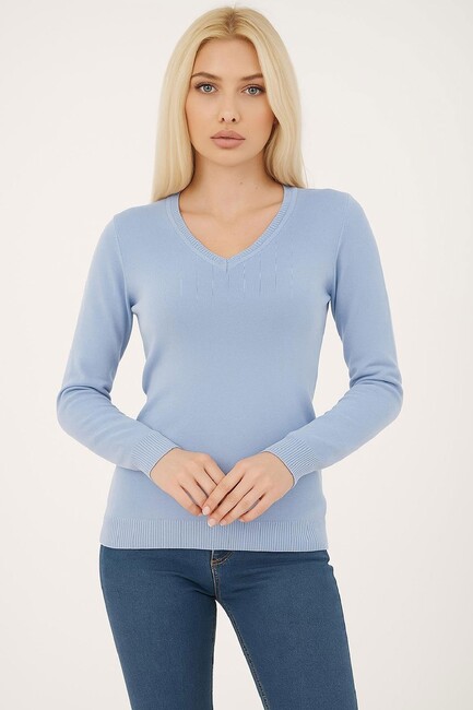 Kadın V Yaka Kazak 25K0778K1 Mavi (2)