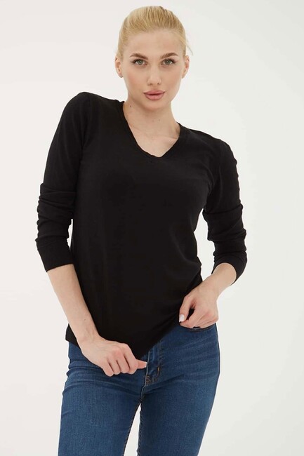 Kadın V Yaka Kazak 25K0778K1 Siyah (2)