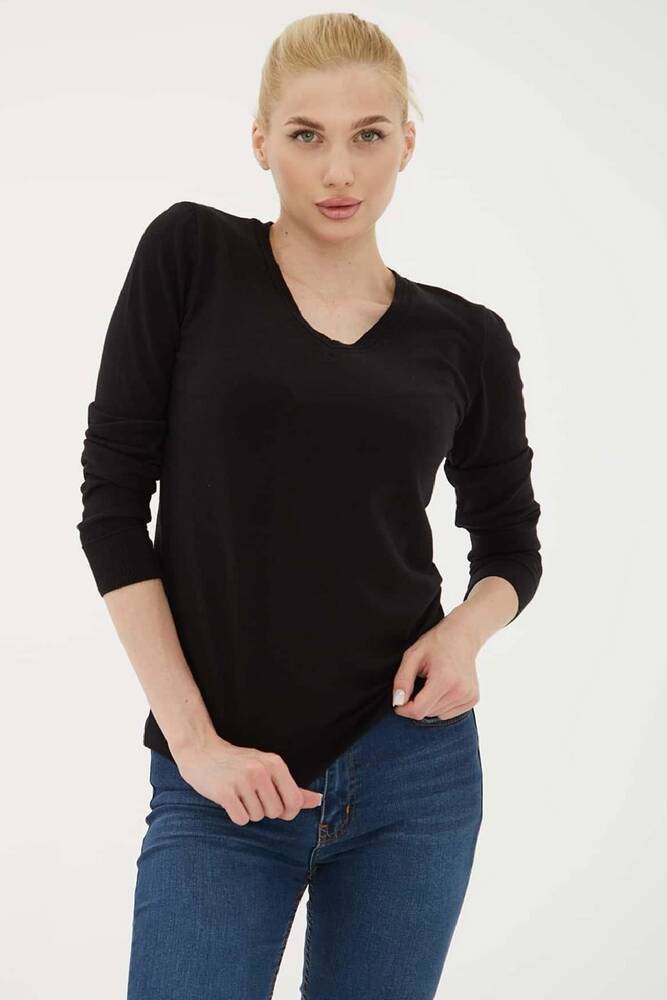 Kadın V Yaka Kazak 25K0778K1 Siyah 