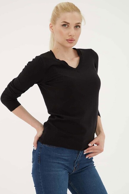 Kadın V Yaka Kazak 25K0778K1 Siyah - Thumbnail