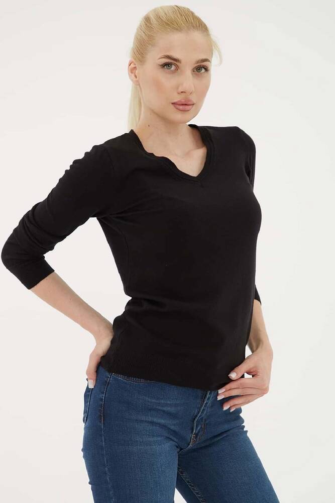 Kadın V Yaka Kazak 25K0778K1 Siyah 