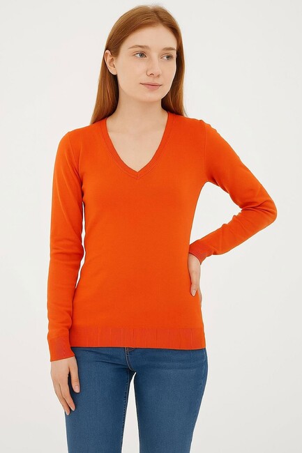 Kadın V Yaka Kazak 25K0778K1 Turuncu (1)