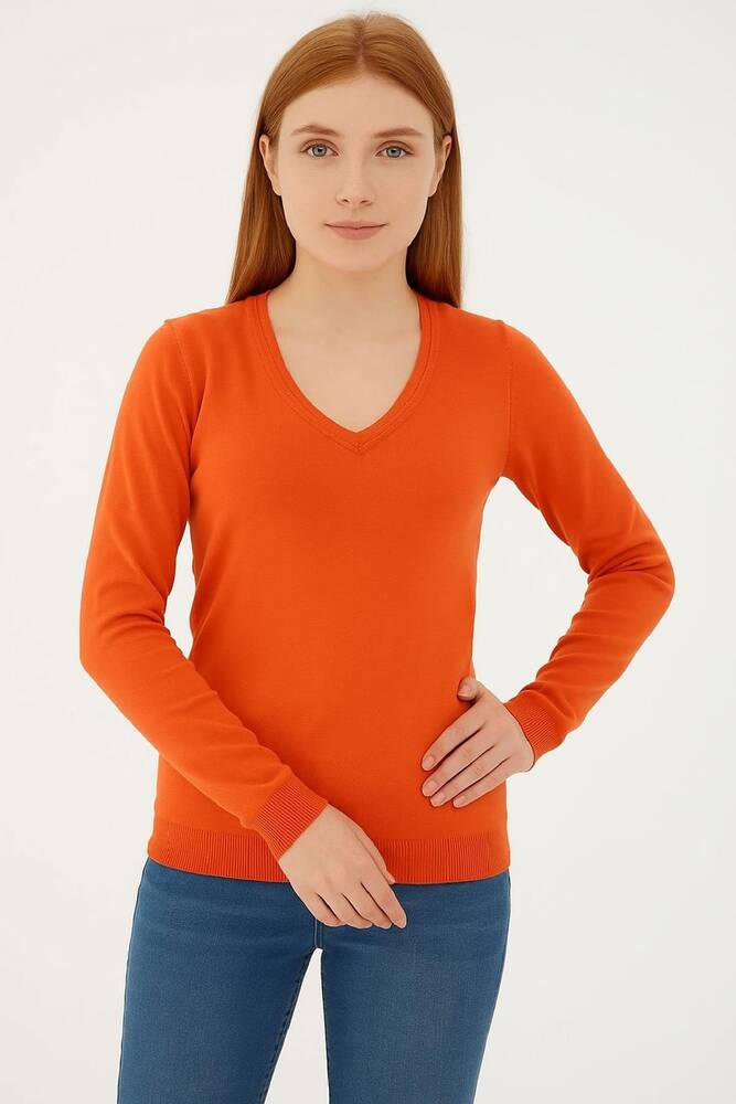 Kadın V Yaka Kazak 25K0778K1 Turuncu 