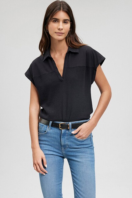 Kadın V Yaka Kısa Kollu Bluz 1210801-900 Siyah (1)