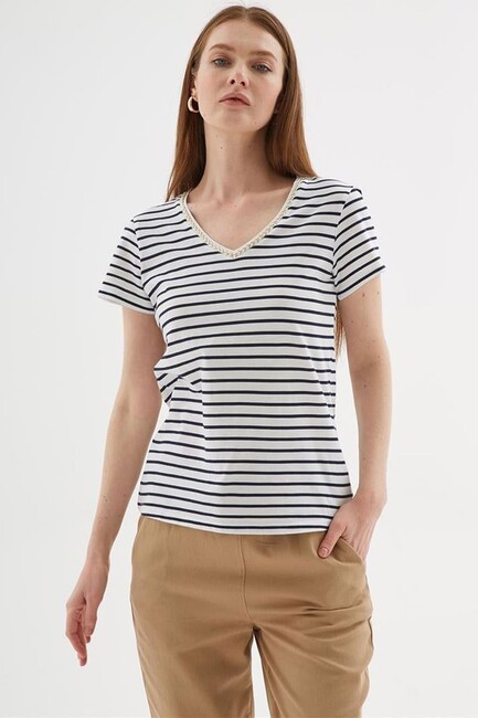 Kadın V Yaka Tişört 25Y0478K1 Lacivert - Thumbnail