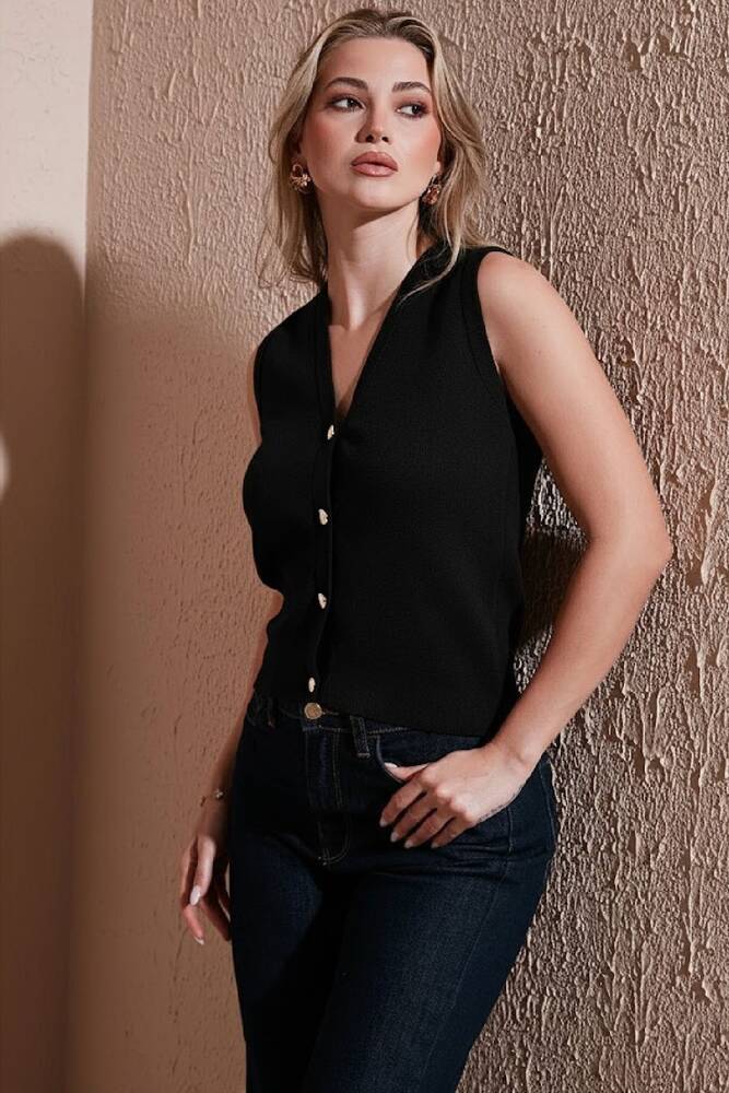 Kadın V Yaka Triko Yelek 25K0148K1 Siyah 