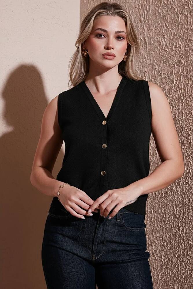 Kadın V Yaka Triko Yelek 25K0148K1 Siyah 