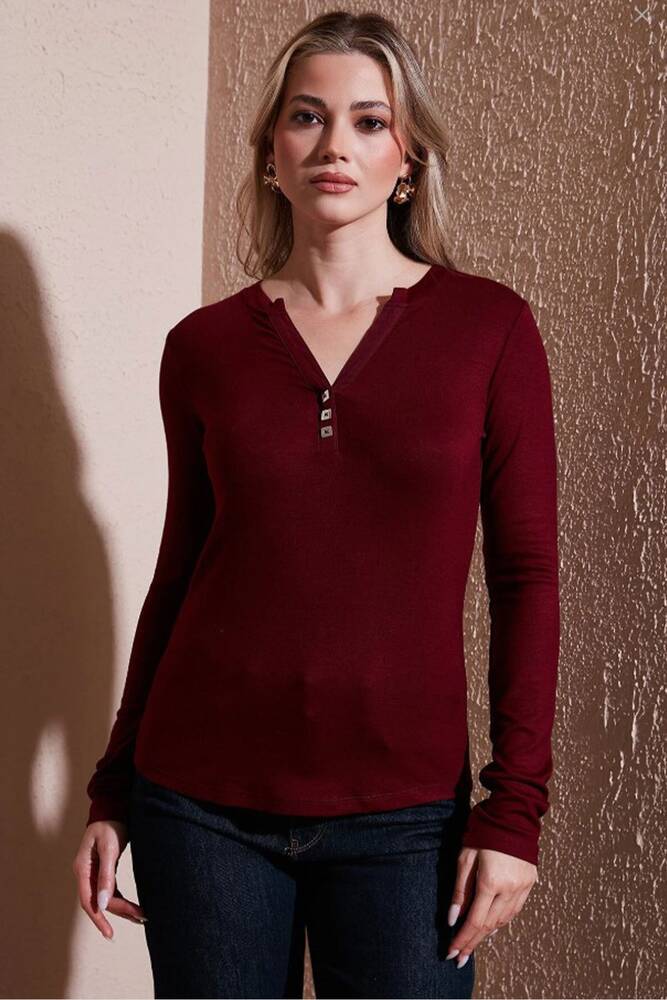 Kadın Yakası Düğmeli Tişört 25K0136K1 Bordo 