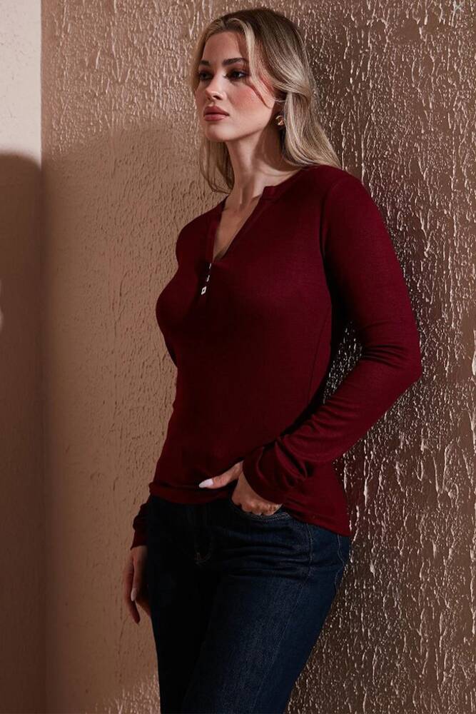 Kadın Yakası Düğmeli Tişört 25K0136K1 Bordo 