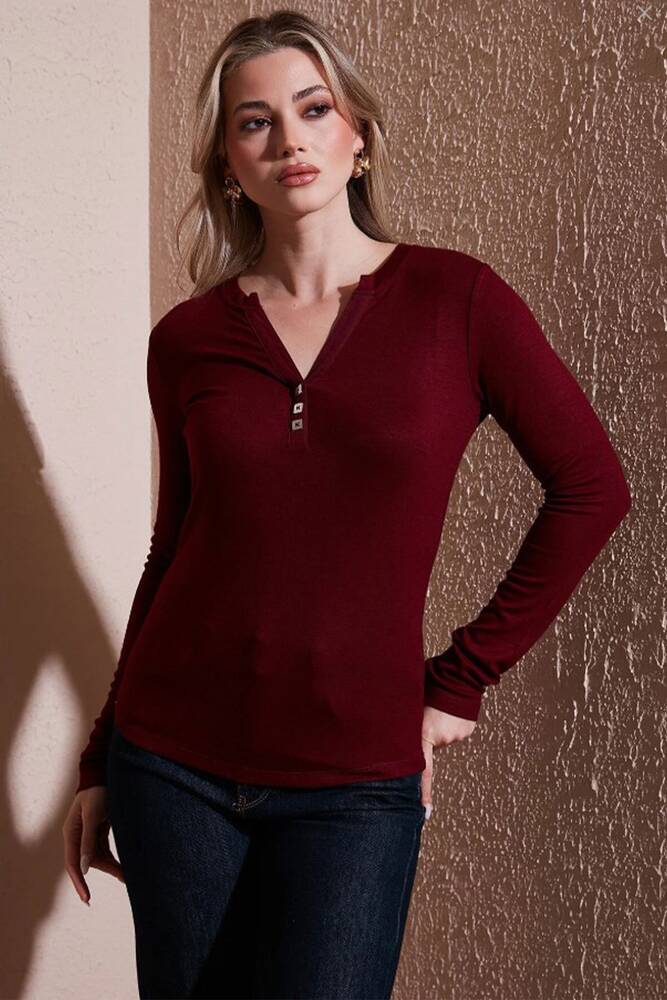 Kadın Yakası Düğmeli Tişört 25K0136K1 Bordo 