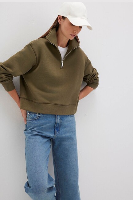 Kadın Yarım Fermuarlı Sweat 1S10391-71589 Haki (1)