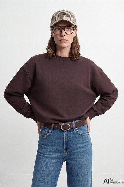 Kadın Yuvarlak Yaka Basic Sweat 1S10576-70240 Kahve
