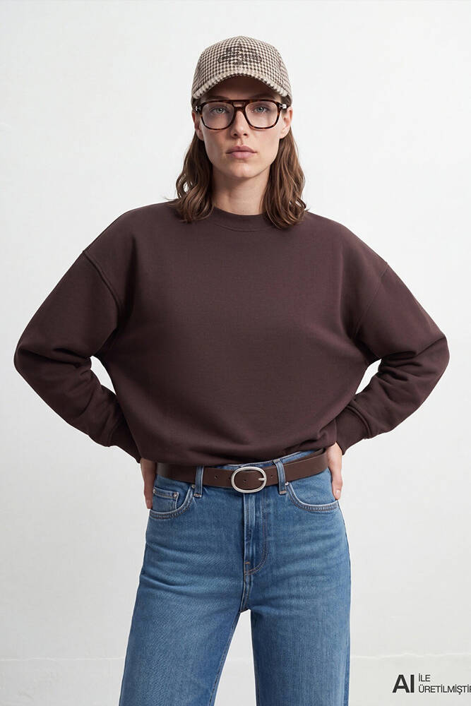 Kadın Yuvarlak Yaka Basic Sweat 1S10576-70240 Kahve - 1