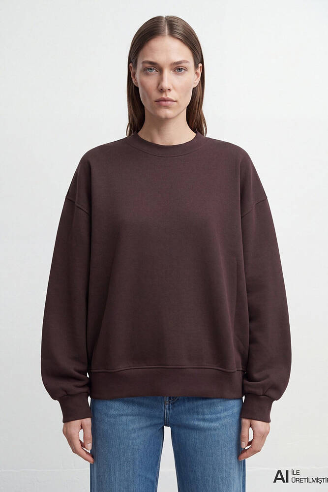 Kadın Yuvarlak Yaka Basic Sweat 1S10576-70240 Kahve - 3