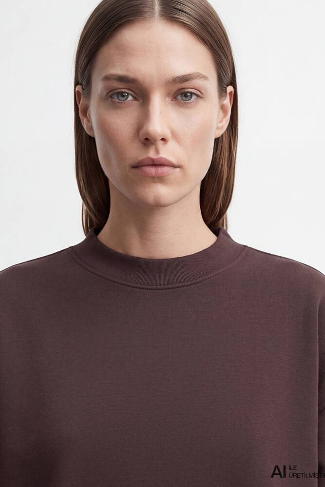 Kadın Yuvarlak Yaka Basic Sweat 1S10576-70240 Kahve - 7