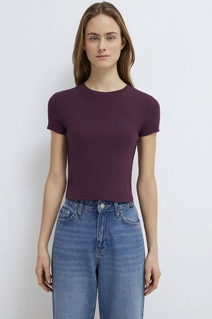 Kadın Yuvarlak Yaka Basic Tişört 1600814-70434 Bordo (3)