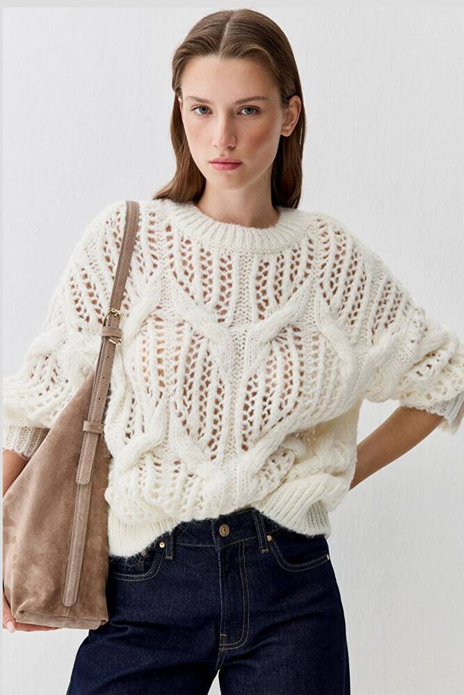 Kadın Yuvarlak Yaka Kazak 1710828-70057 Ekru 