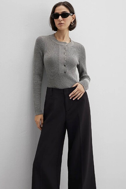 Kadın Yuvarlak Yaka Kazak 1710830-83096 Gri (1)