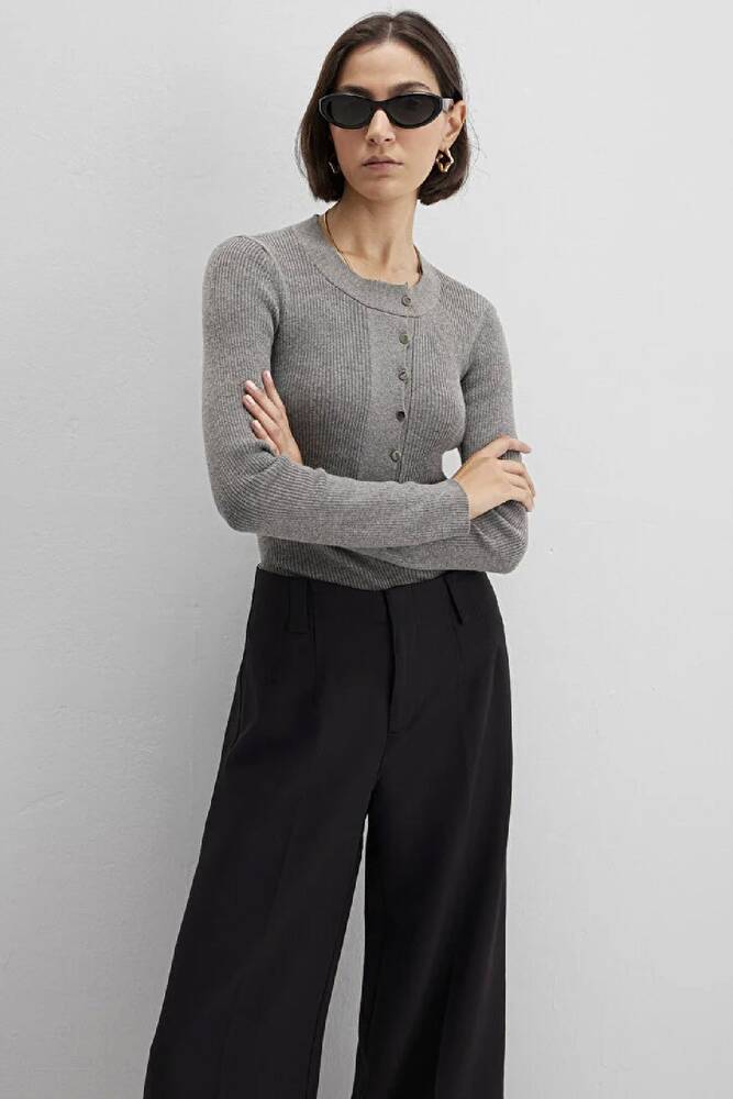 Kadın Yuvarlak Yaka Kazak 1710830-83096 Gri 