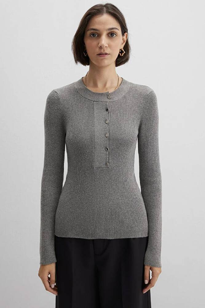 Kadın Yuvarlak Yaka Kazak 1710830-83096 Gri 