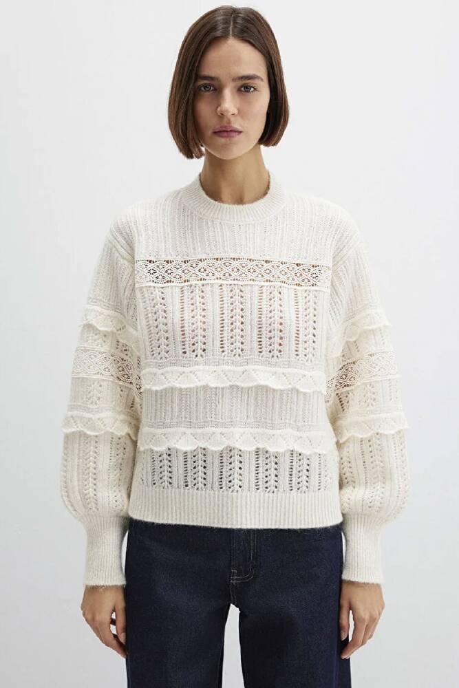 Kadın Yuvarlak Yaka Kazak 1710881-80194 Ekru 