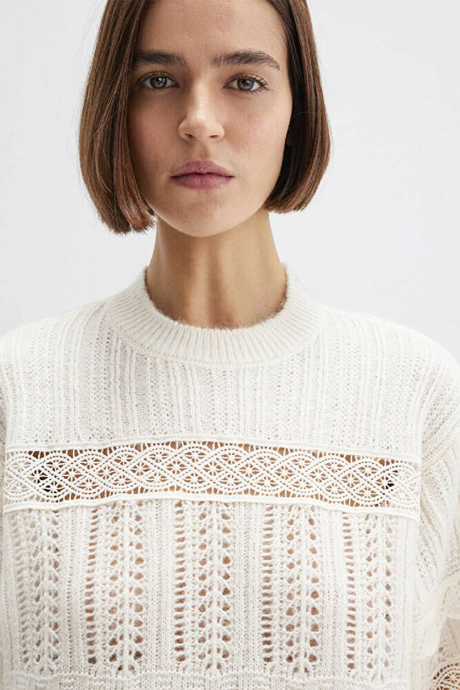 Kadın Yuvarlak Yaka Kazak 1710881-80194 Ekru 