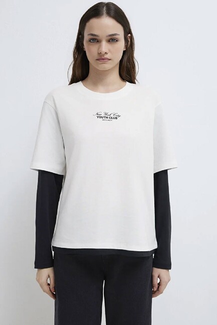 Kadın Yuvarlak Yaka Modelli Penye 1613766-70057 Beyaz - Thumbnail