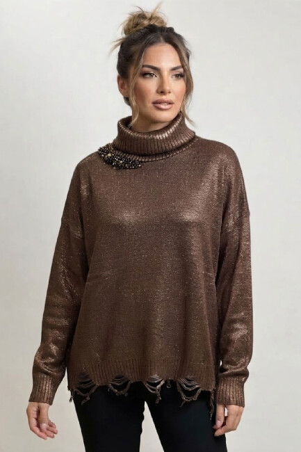 Kasha Kadın Baskılı İşlemeli Triko Sweat 27KSW406-1 Kahve 