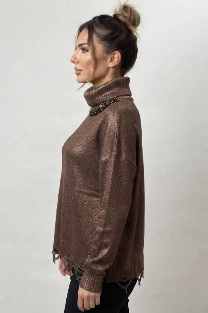 Kasha Kadın Baskılı İşlemeli Triko Sweat 27KSW406-1 Kahve  - 2