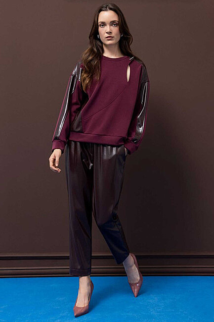 Kasha Kadın Modal Deri Detaylı Sweat 27KSW006-1 Bordo  (1)