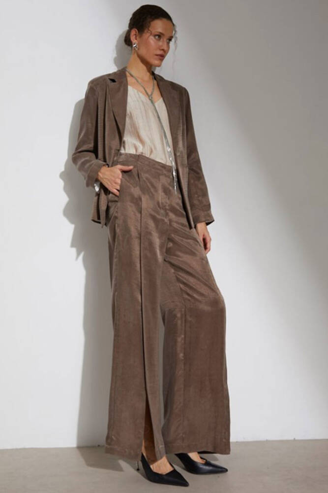 Kasha Kadın Tencel Bol Paça Pantolon 26YP013 Kahve - 1