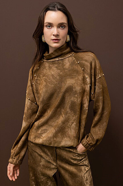 Kasha Kadın Troklu Batik Örme Sweat 27KSW011-1 Camel  (1)