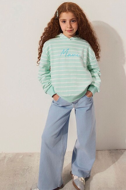Kız Çocuk Çizgili Mavi Logo Sweat 7S10100-89148 Yeşil (1)