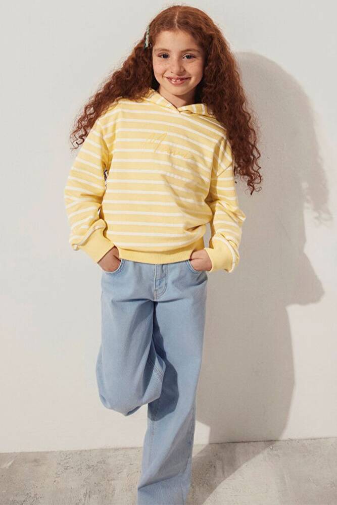 Kız Çocuk Çizgili Mavi Logo Sweat 7S10100-89149 Sarı 