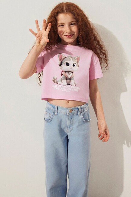 Kız Çocuk Kedi Baskılı Tişört 7610281-70973 Mor (1)