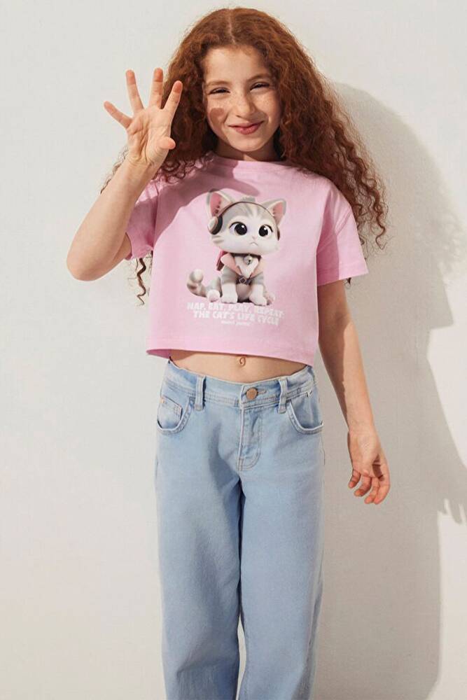 Kız Çocuk Kedi Baskılı Tişört 7610281-70973 Mor 