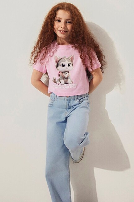 Kız Çocuk Kedi Baskılı Tişört 7610281-70973 Mor (2)
