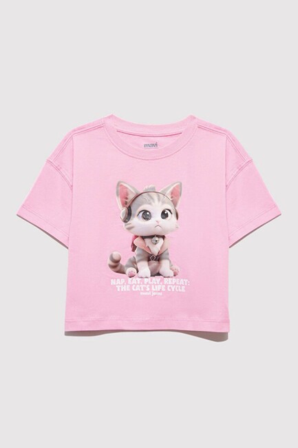 Kız Çocuk Kedi Baskılı Tişört 7610281-70973 Mor (3)